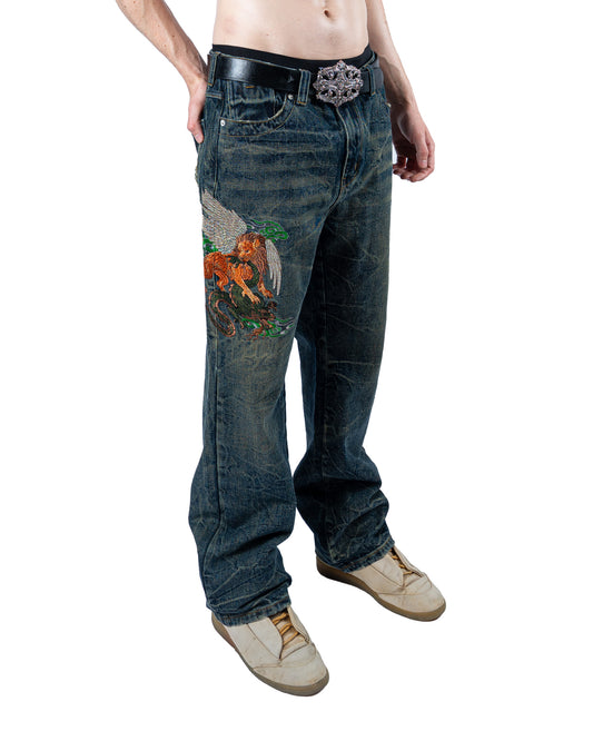 Crouching Lion Green Denim