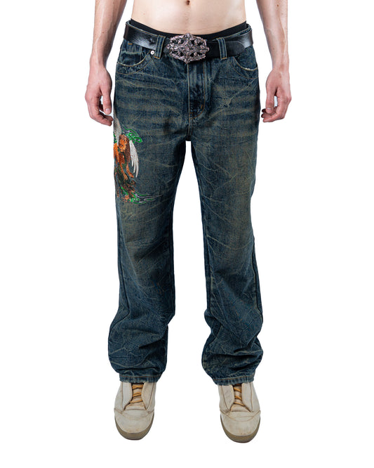 Crouching Lion Green Denim