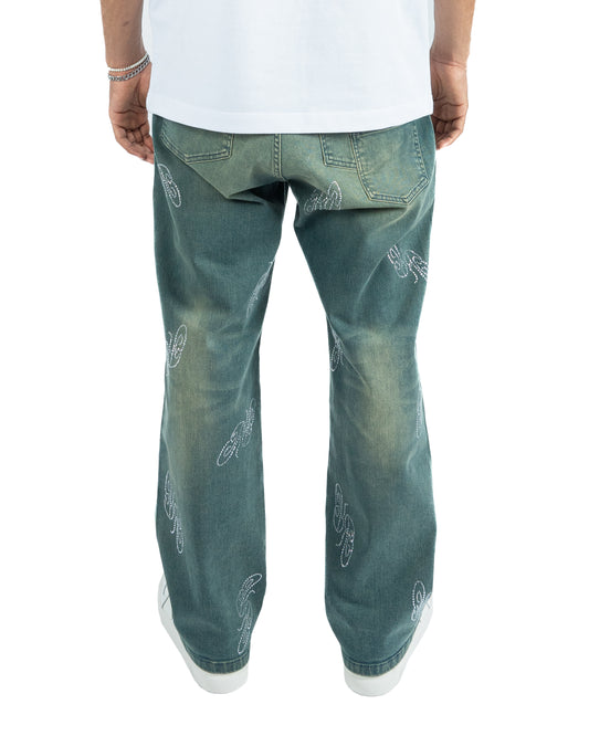 RR Rhinestone Denim Mid Blue/Green Wash
