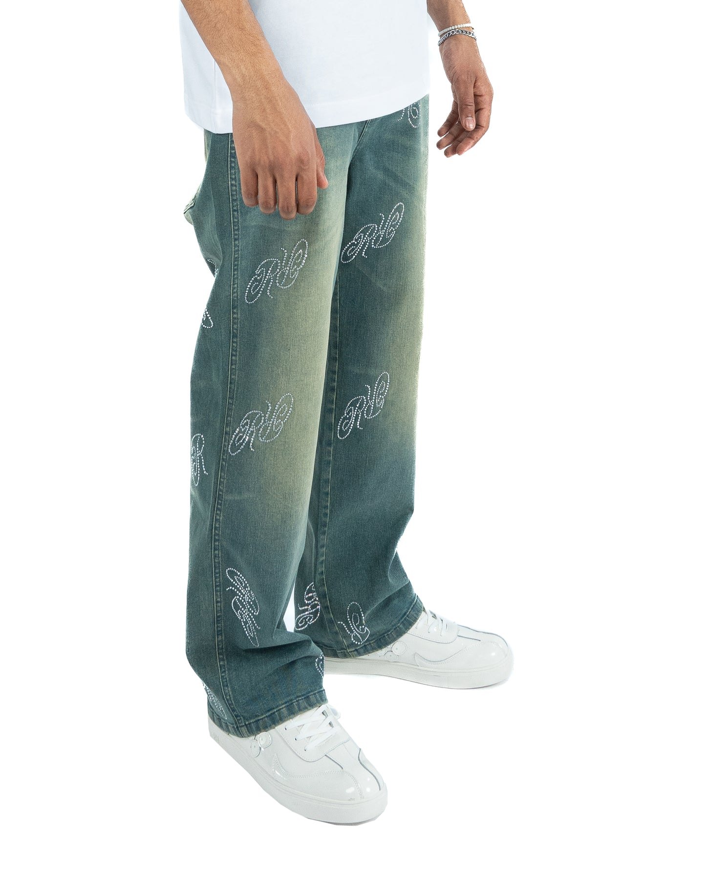 RR Rhinestone Denim Mid Blue/Green Wash