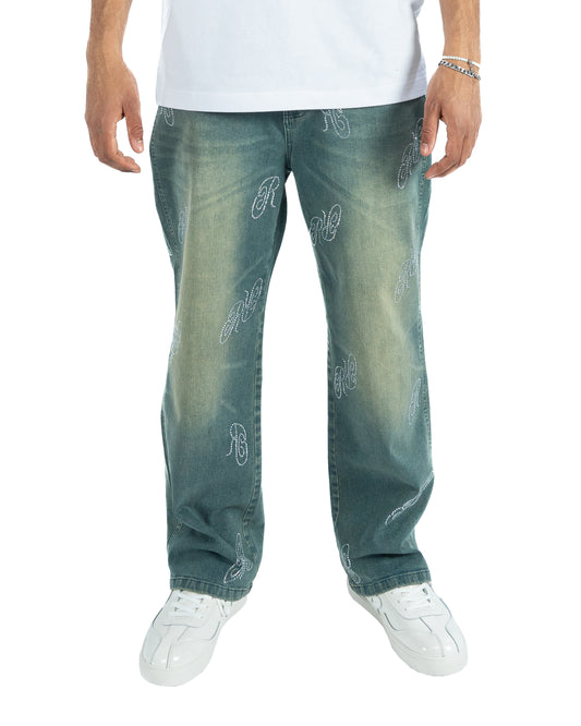 RR Rhinestone Denim Mid Blue/Green Wash