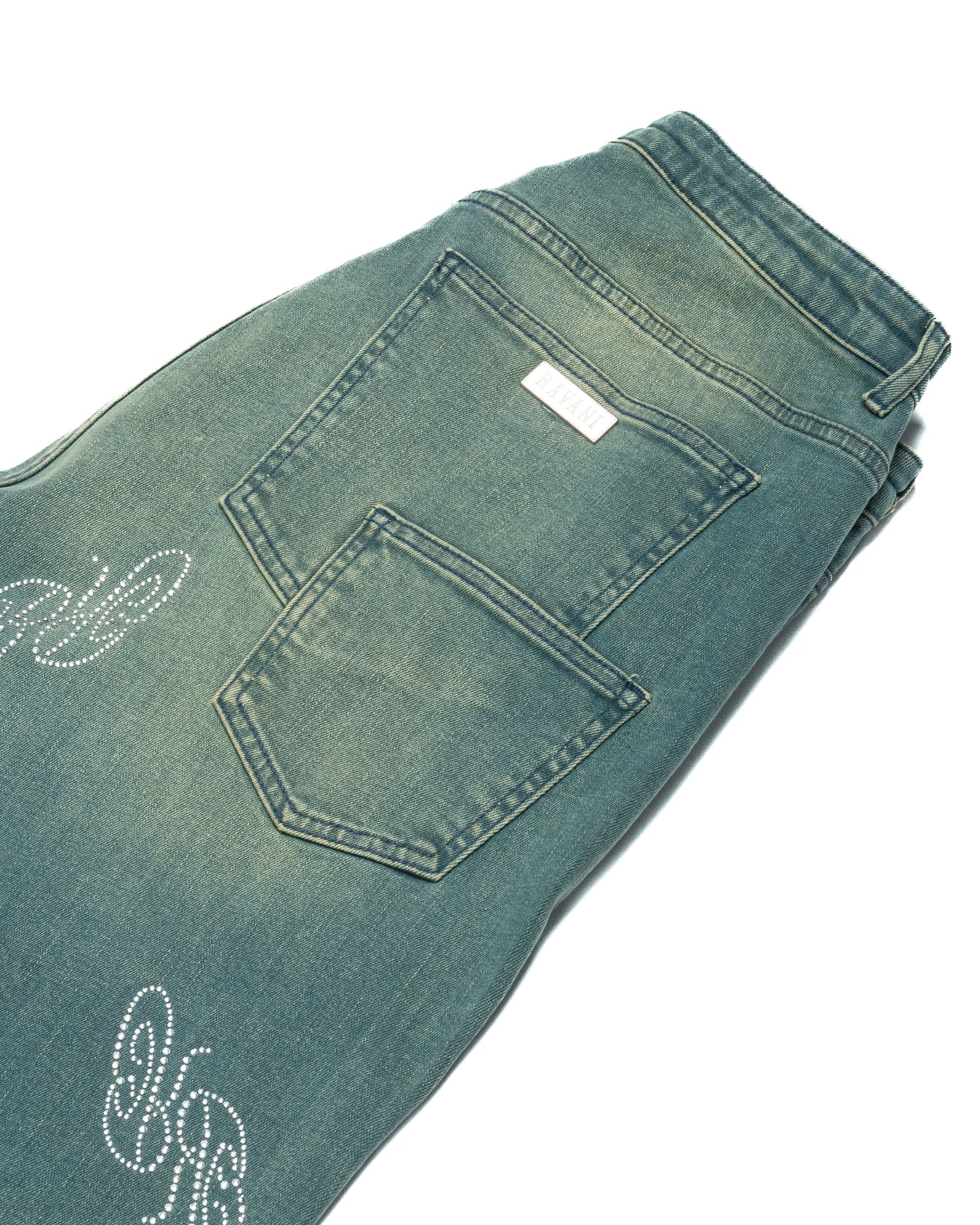 RR Rhinestone Denim Mid Blue/Green Wash