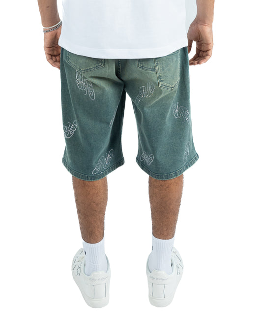 RR Rhinestone Denim Jorts Mid Blue/Green Wash