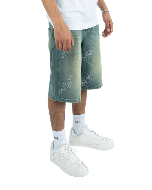 RR Rhinestone Denim Jorts Mid Blue/Green Wash