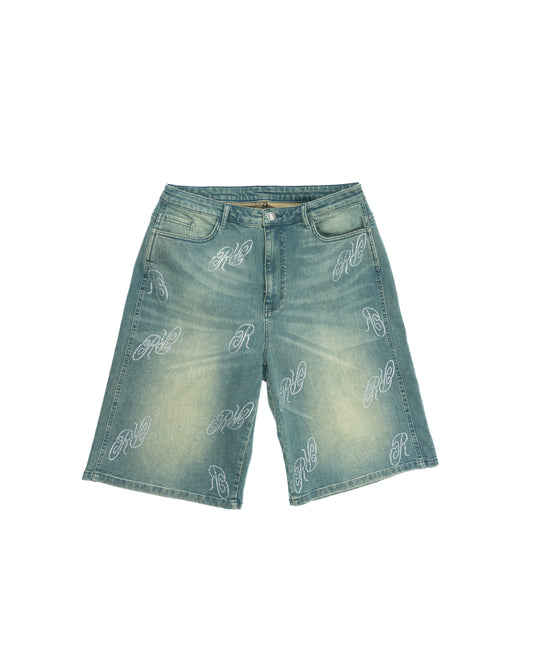 RR Rhinestone Denim Jorts Mid Blue/Green Wash